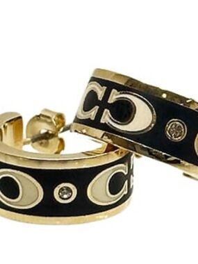 New Coach Signature Enamel Huggie Gold Black Hoop Logo Earrings